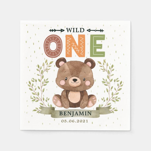 Servilleta De Papel Woodland Baby Bear Wild One Birthday Napkins (Anverso)