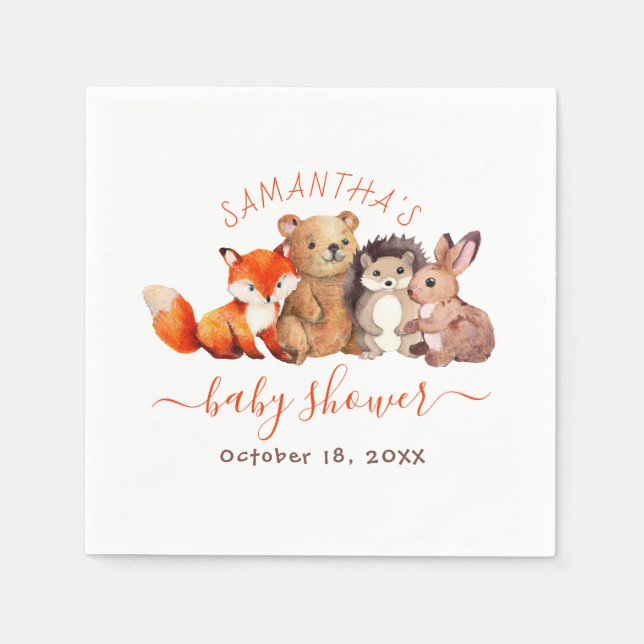 Servilleta De Papel Woodland Baby Shower Cute Animals Red Handwriting (Anverso)