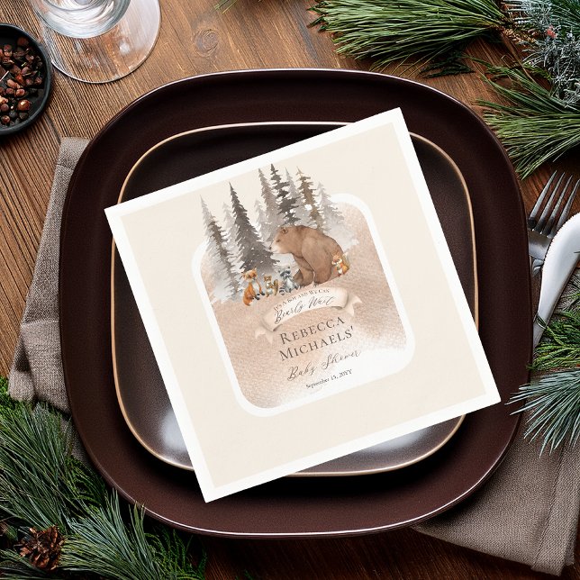 Servilleta De Papel Woodland Bear |Animales Bearly Wait Boy Baby Showe (Rustic Woodland Bear and Forest Animals Boy "Bearly Wait" Baby Shower Paper Napkins)