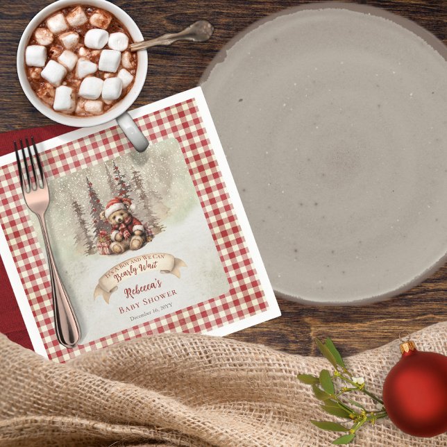 Servilleta De Papel Woodland Bear Bearly Wait Holiday Boy Baby Shower ("It's A Boy and We Can Bearly Wait" Baby Shower rustic woodland Christmas holiday design)