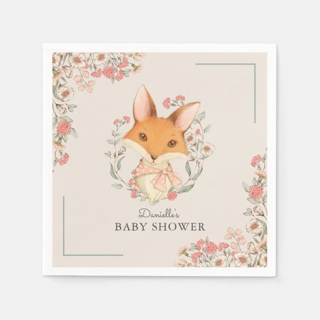 Servilleta De Papel Woodland Fox Cute Baby Shower para Chica (Anverso)