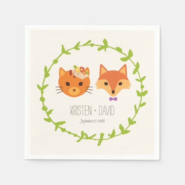 Servilleta De Papel Woodland Fox y Cat Rustic Boda (Anverso)