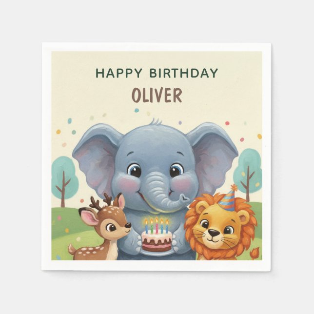 Servilleta De Papel Woodland Storybook Animals Happy Birthday (Anverso)