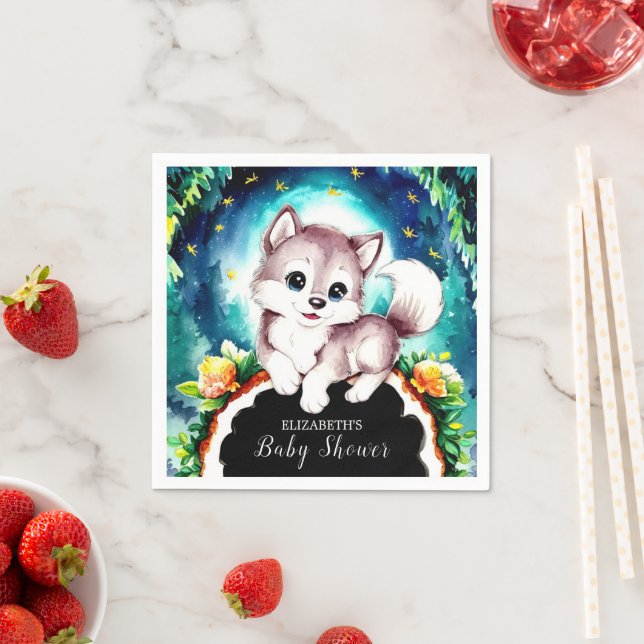 Servilleta De Papel Woodland Whimsical Wolf Baby Shower (In situ)