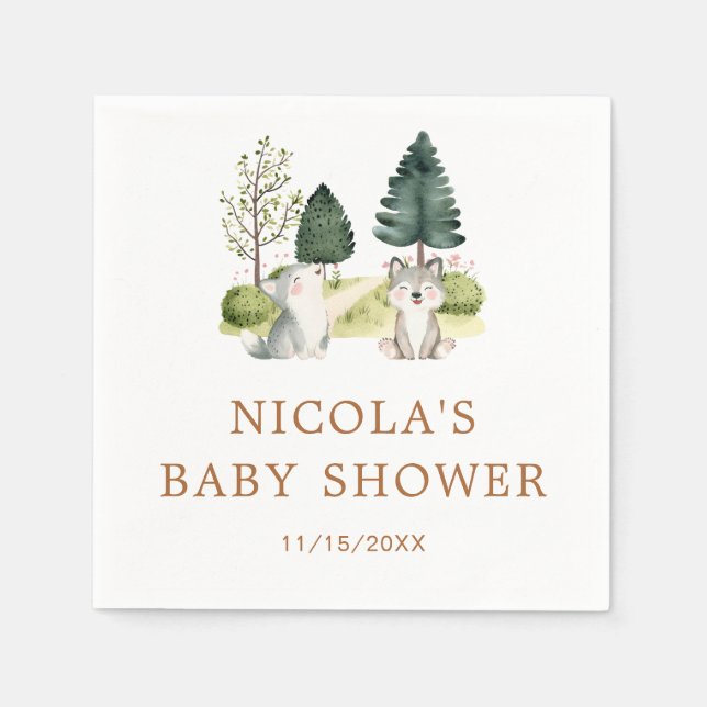 Servilleta De Papel Woodland Wolf Baby Shower (Anverso)