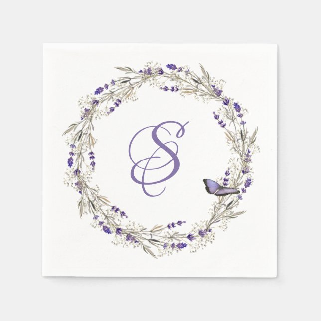 Servilleta De Papel Wreath Lavender Aniversario Con Monograma (Anverso)
