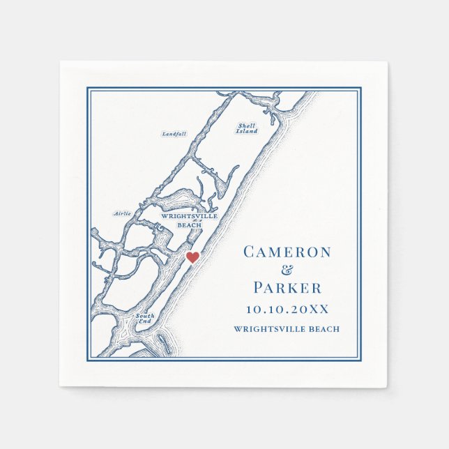 Servilleta De Papel Wrightsville Beach NC Map Navy Elegant Wedding (Anverso)
