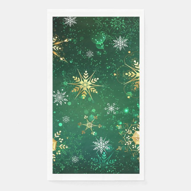 Servilleta De Papel Xmas copos de nieve dorados sobre fondo verde (Anverso)