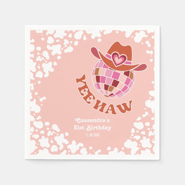Servilleta De Papel Yee Haw Peach Disco Cowgirl Rodeo Cumpleaños (Anverso)