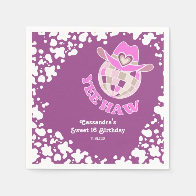 Servilleta De Papel Yee Haw Purple Disco Cowgirl Rodeo Cumpleaños (Anverso)
