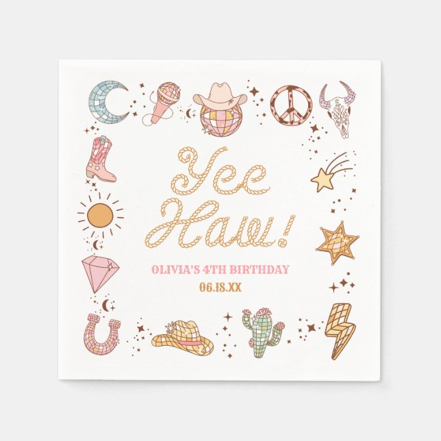 Servilleta De Papel ¡Yee Haw! Western Disco Cowgirl Birday Party (Anverso)