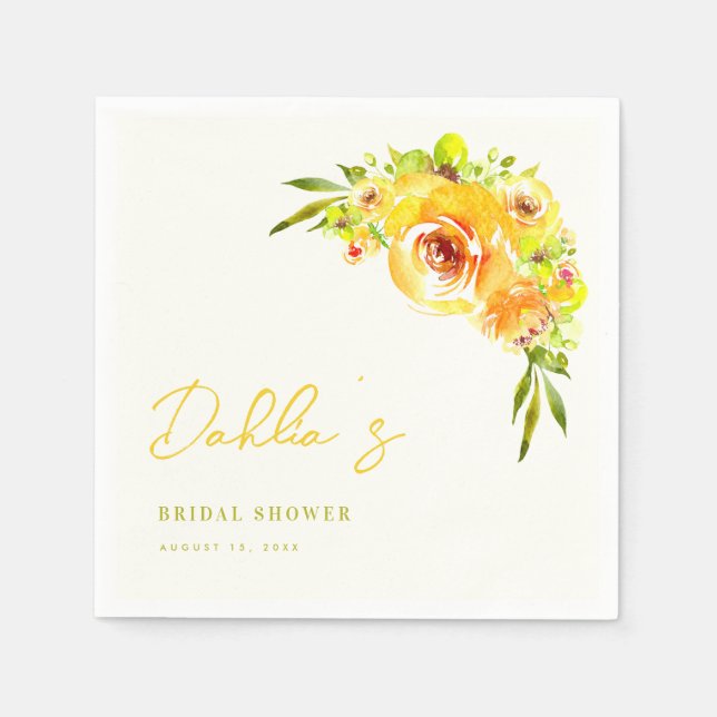 Servilleta De Papel Yellow and Green Floral Handwritten Bridal Shower  (Anverso)