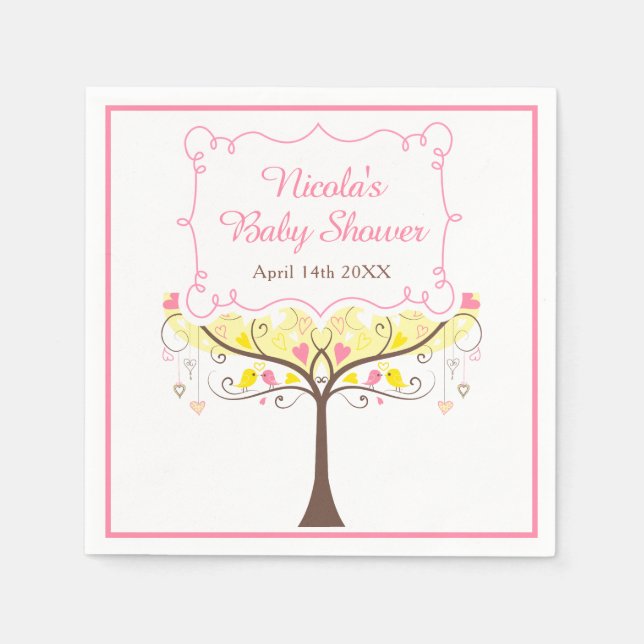 Servilleta De Papel yellow Pink Floral Bird Baby Shower  (Anverso)