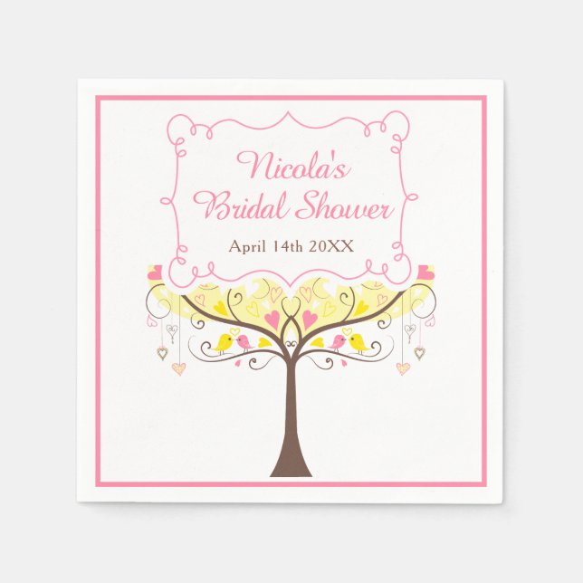 Servilleta De Papel yellow Pink Floral Bird Bridal Shower  (Anverso)