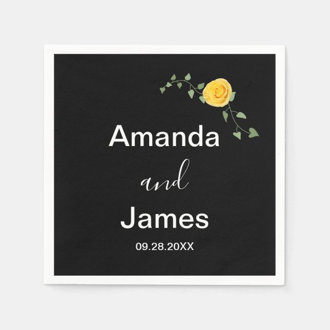 Servilleta De Papel Yellow Rose and Green Vine Elegant Black Wedding (Anverso)