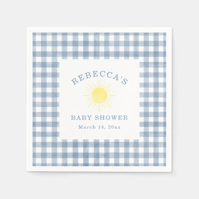 Servilleta De Papel Yellow Sun Blue Gingham Boy Baby Shower (Anverso)