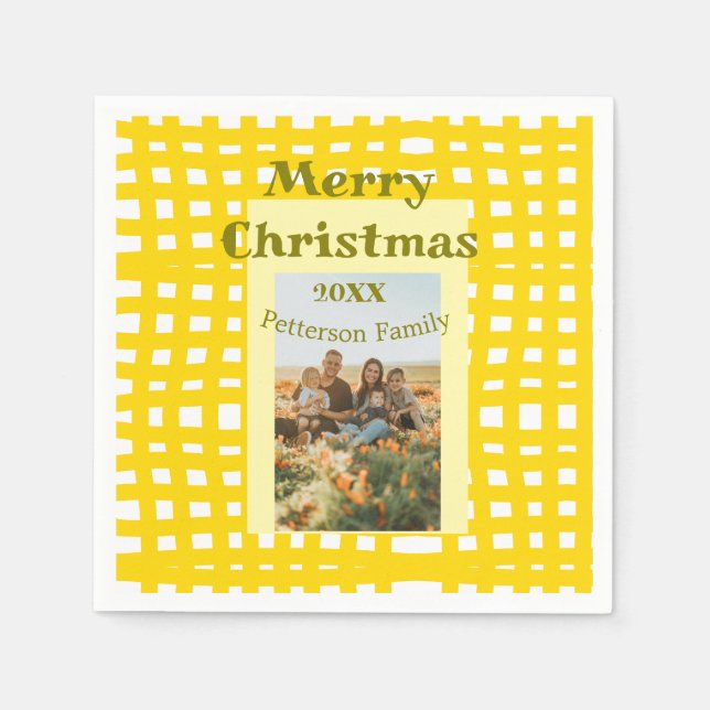 Servilleta De Papel Yellow white plaid retro Christmas holiday family  (Anverso)