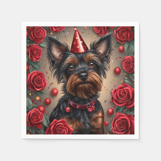 Servilleta De Papel Yorkshire Terrier Cumpleañero con Gorro de Fiesta (Anverso)