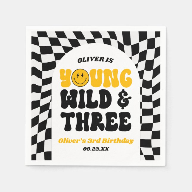 Servilleta De Papel Young Wild & Three Retro Third 3rd Birthday Party (Anverso)