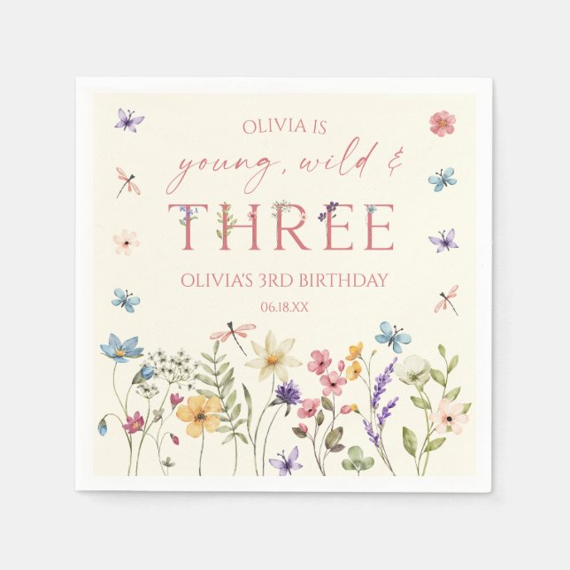 Servilleta De Papel Young Wild & Three Wildflower 3rd Birthday Party (Anverso)