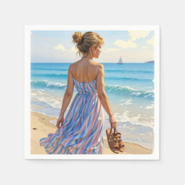 Servilleta De Papel Young Woman On the Beach Looking At Sailboats