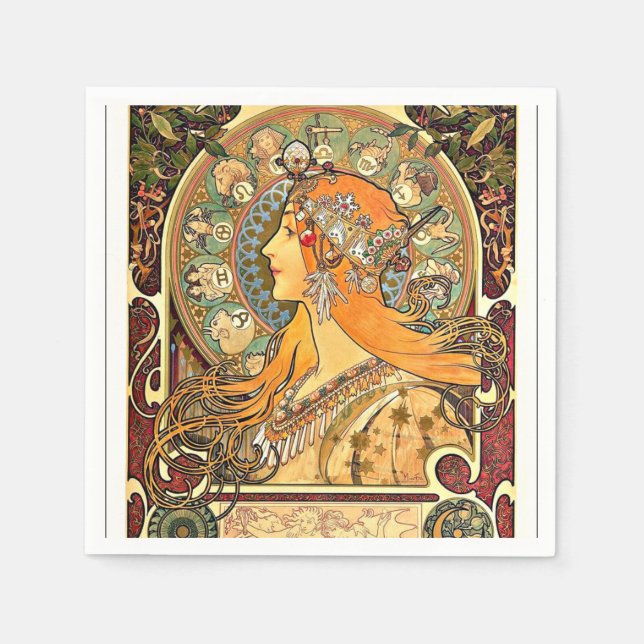 Servilleta De Papel Zodiac, pintura Art Nouveau de Alphonse Mucha (Anverso)