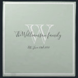 Servilleta De Tela Regalo boda Guión simple Monograma Moda Rústica<br><div class="desc">Regalo boda Simple Monograma Guión Rústico Rústica Moda Napkin. Diseño de monograma blanco personalizado, letras grises de carbón vegetal, y el apellido y fecha de la recién casada novia y novio establecidos en un suave fondo verde sabio pálido. Un regalo único para recién casados. Encantador por su nueva vida juntos....</div>