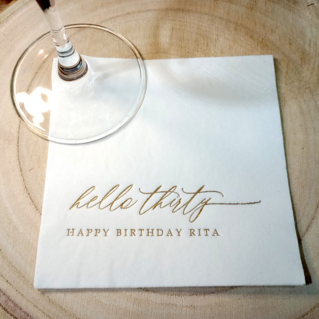 Servilletas Con Brillo 30th Birthday Party Modern Elegant Hello Thirty (Hello Thirty - 30th Birthday Party Napkins: Gold foil personalized modern birthday party napkins.)