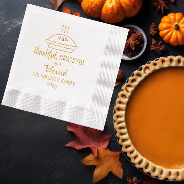Servilletas Con Brillo Acción de Gracias Pie Agradecida Familia Bendecida (Thanksgiving Pie "Thankful, Grateful and Blessed" Family Name and Year Stamped Foil Napkins)