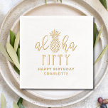 Servilletas Con Brillo Aloha Fifty 50th Birthday Floral Nombre personaliz<br><div class="desc">Aloha Fifty 50th Birthday Floral Personalized Name Real Relieve metalizado Stamped Paper Napkins presenta el texto "Aloha Fifty" acentuado con piña atropical con "Happy Birthday" y tu nombre personalizado debajo en la tipografía moderna de escritura de caligrafía. Perfecto para fiestas de cincuenta años. Creado por Evco Studio www.zazzle.com/store/evcostudio</div>