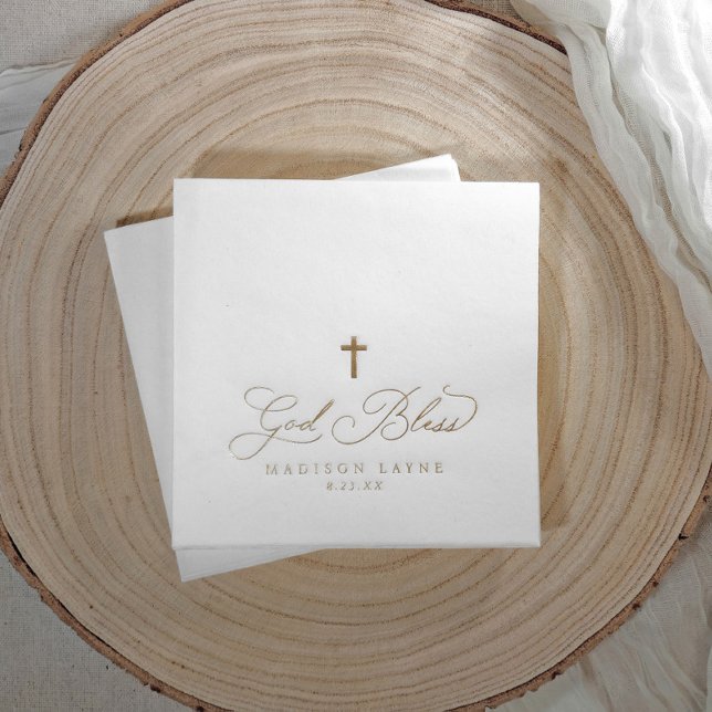 Servilletas Con Brillo Baptismo Primera Comunión Oro Dios bendiga la cruz (Cross baby baptism napkins - foil stamped and personalized)