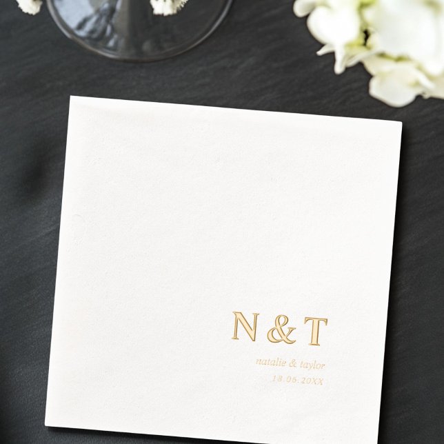 Servilletas Con Brillo Boda de citas y nombres de monogramas modernos (Modern Monogram Names & Date Wedding Foil Napkins)