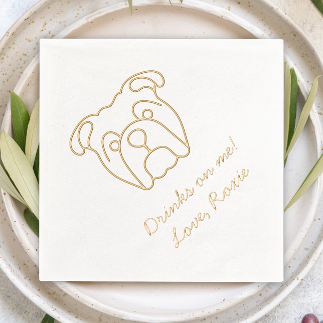 Servilletas Con Brillo Boda de mensajes personalizados de bulldog sobre m (bulldog line art custom "drinks on me" wedding cocktail napkins fun cute dog pet wedding reception)