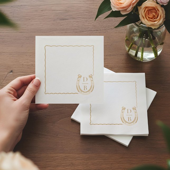 Servilletas Con Brillo Boda de Monograma con Marco Rústico y Herradura Oc (Rustic Frame Western Horseshoe Monogram Wedding Foil Napkins)