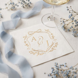 Servilletas Con Brillo Boda de Monograma de Cresta Floral con Lazo Chic V