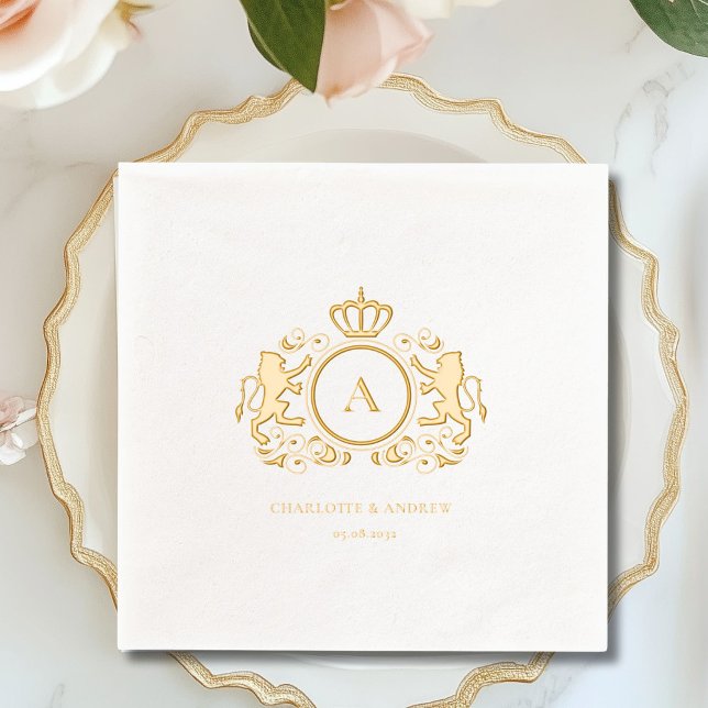 Servilletas Con Brillo Boda del Monograma Escudo Real Relieve metalizado (Royal Crest Monogram Foil Wedding Foil Napkins)
