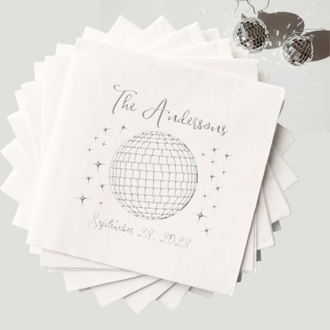 Servilletas Con Brillo Boda personalizado de la bola disco de plata espar (Custom silver foil disco ball wedding napkin. Personalized with your name and wedding date.)