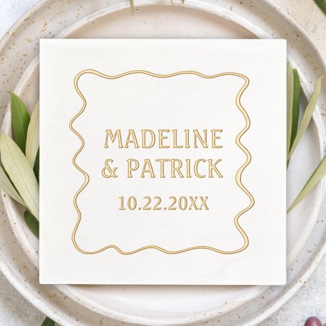 Servilletas Con Brillo Boda personalizado Fiesta moderno de bordes ondula (Personalized Custom Wavy Border Wedding Cocktail Napkins Custom Name & Date Modern Simple Minimalist)