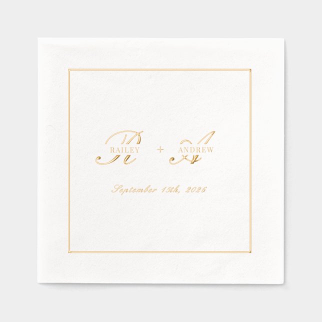 Servilletas Con Brillo Boda simple de monograma dorado (Anverso)