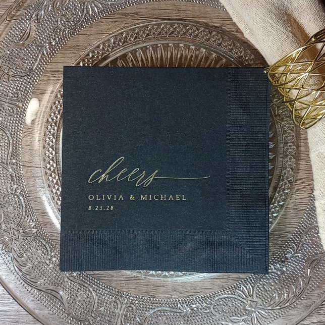 Servilletas Con Brillo Cheers Elegant Wedding Black and Gold (Elegant wedding napkins - Cheers in gold foil on black napkins. Personalized with names and date.)