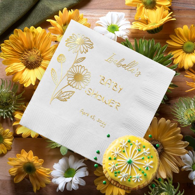 Servilletas Con Brillo Daisies Floral Baby Shower (Elegant Daisy Floral Outline Girl Baby Shower Stamped Foil Napkins)