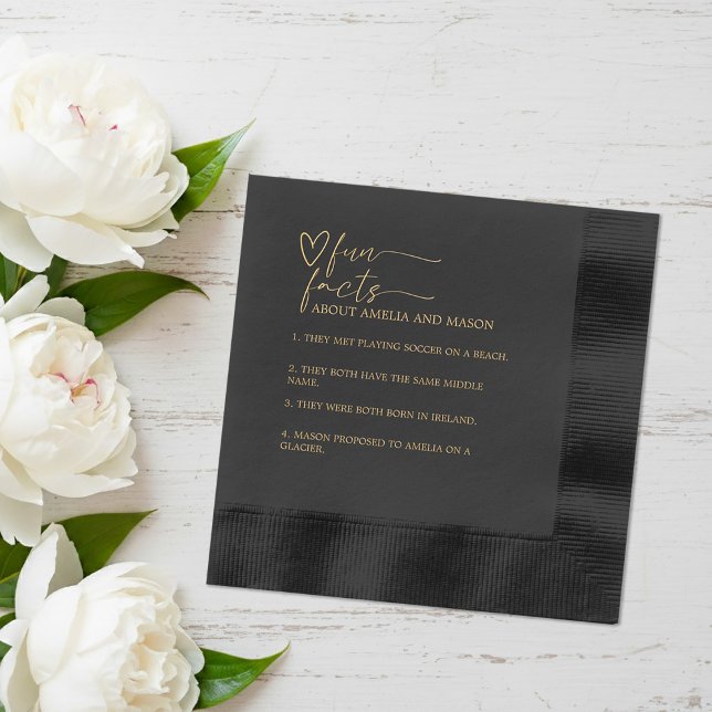 Servilletas Con Brillo Dorado y Negro Letra Script Caligrafía Boda Dato D (Gold and Black Script Calligraphy Wedding Fun Fact Foil Napkins)