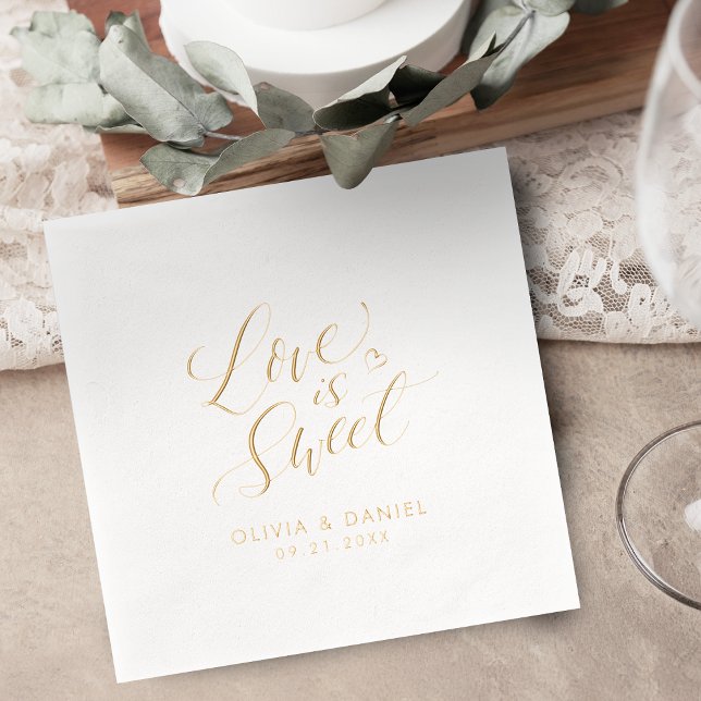 Servilletas Con Brillo "el amor es dulce" caligrafía moderna boda ("love is sweet" modern calligraphy wedding foil napkins)