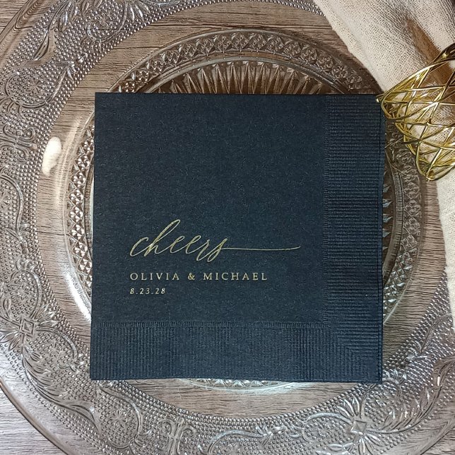 Servilletas Con Brillo Elegant Cheers Wedding Black and Gold (Elegant black with gold foil Cheers wedding napkins)