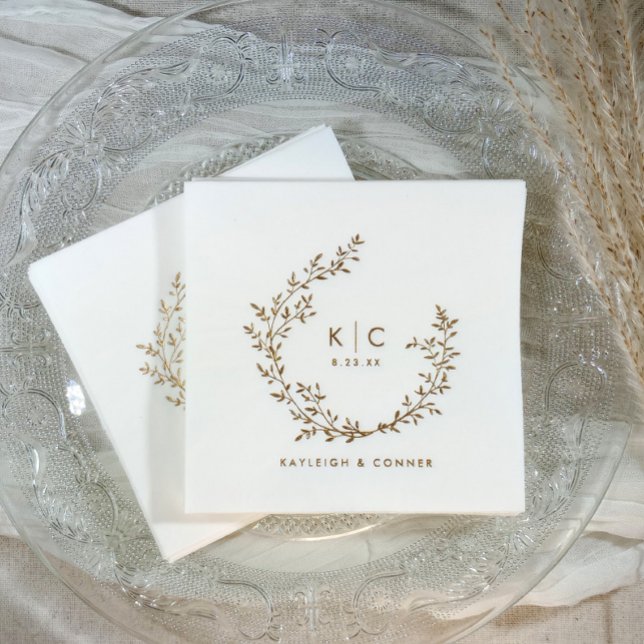 Servilletas Con Brillo Elegant Initials Botanical Gold Classy Wedding (Personalized wedding napkins - foil stamped with monogram and names in gold, silver or rose gold.)