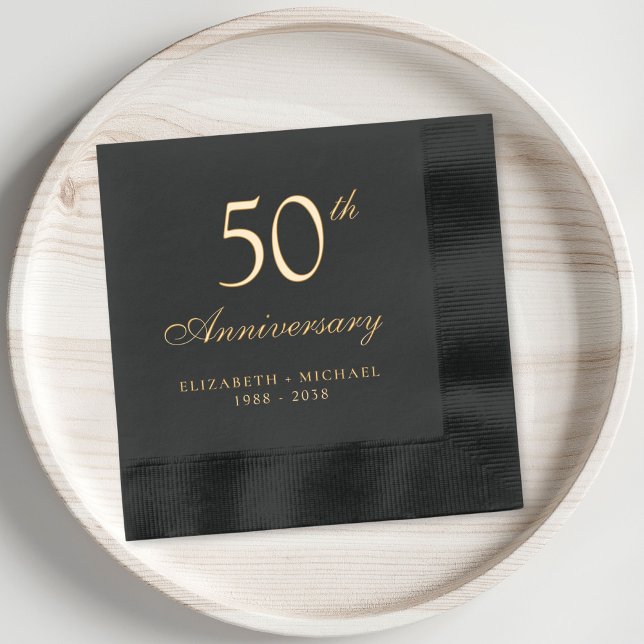 Servilletas Con Brillo Elegante 50° Aniversario Boda de Oro (Elevate your 50th wedding anniversary party decor with these elegant black & gold foil napkins)
