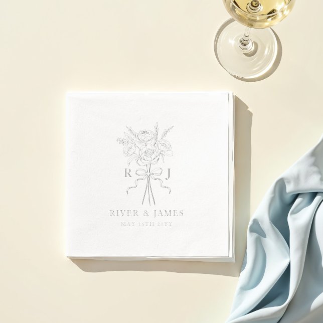 Servilletas Con Brillo Elegante Bow Ribbon Floral Bouquet Boda Monograma (Elegant Bow Ribbon Floral Bouquet Wedding Monogram Foil Napkins)
