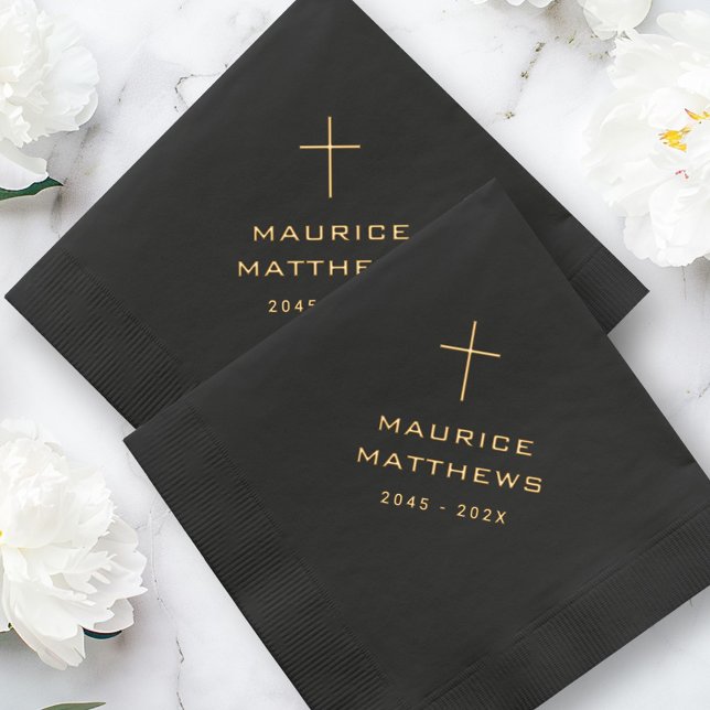 Servilletas Con Brillo Elegante cruz cristiana cita funeral negro (Elegant Christian cross name date black funeral Foil Napkins)
