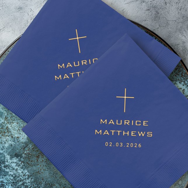 Servilletas Con Brillo Elegante cruz cristiana nombre y fecha (Elegant Christian cross name and date Foil Napkins)