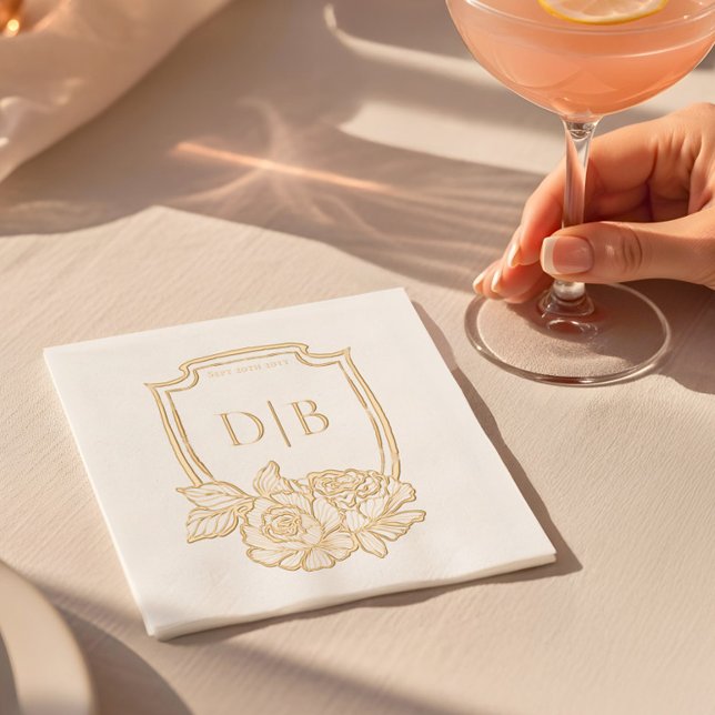 Servilletas Con Brillo Elegante Escudo Floral Parejas Monograma Boda Fech (Elegant Floral Crest Couples Monogram Wedding Date Foil Napkins)